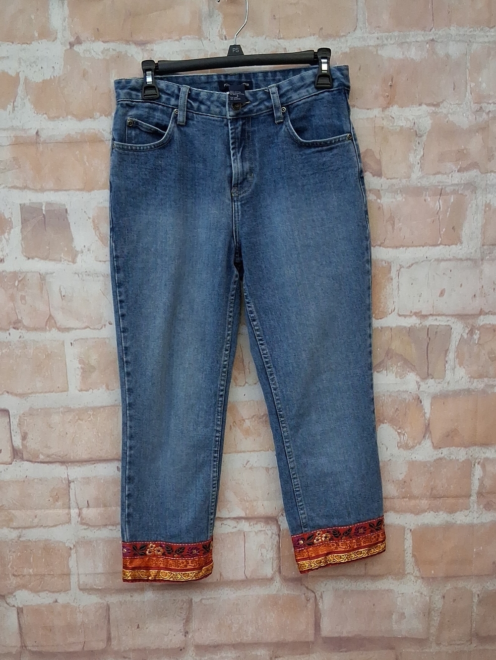 Boston Proper Blue Cropped Jeans with Red-Orange Embroidered Cuffs